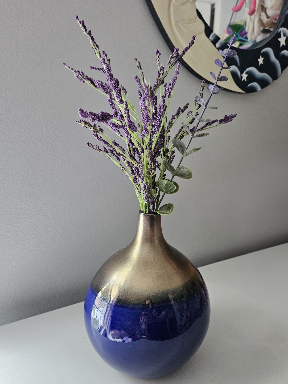 Blue and Gold Ceramic Vase with Purple Floral Accent - Home Accents